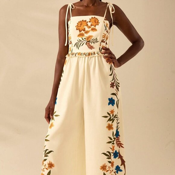 Multicolor Boho Women's Tropical Print Vacation Ruffle Wide Leg Jumpsuit - Picture 1 of 7